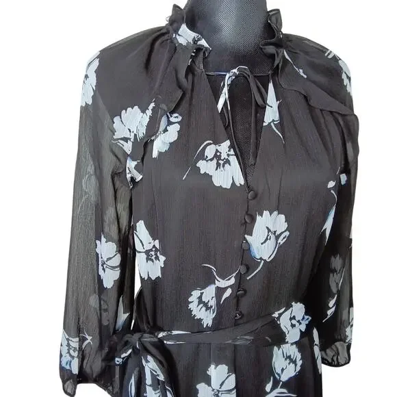 Karl Lagerfeld Paris Black/White Floral Chiffon Midi Dress, Ruffle Hem - 14 - Picture 2 of 9